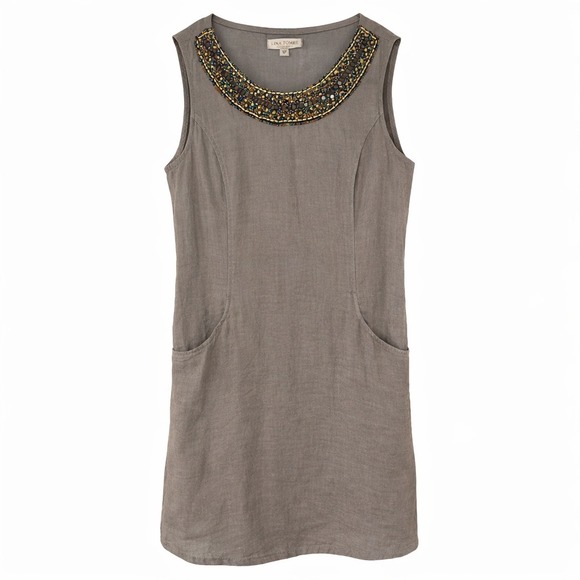 Lina Tomei Dresses & Skirts - Lina Tomei Made in Italy Linen Dress Womens M Taupe Beaded Neck Shift Pockets